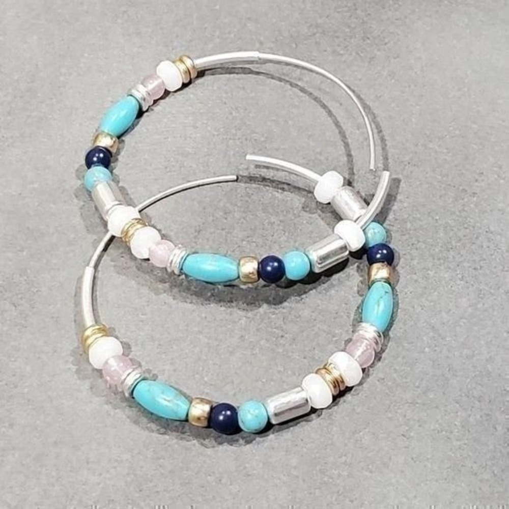 Lucky Brand Boho Beaded Hoop Earrings Turquoise‎ White Pink Gold Silver Tone New